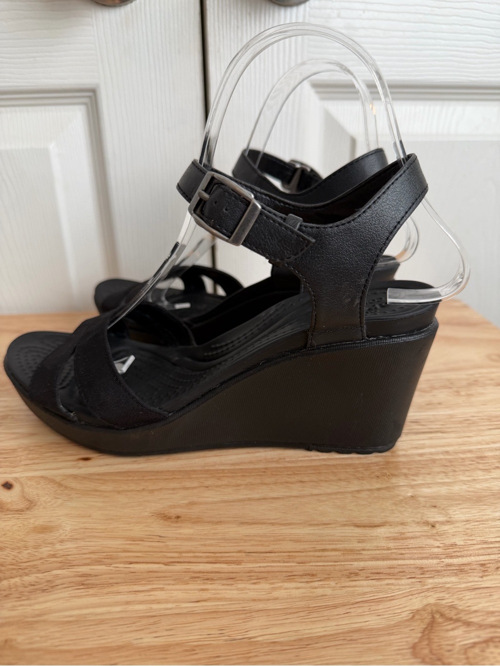 Crocs Leigh II Wedges Black Canvas Ankle Strap Sandals Y2K Minimalist Chic W7 - Picture 3 of 12
